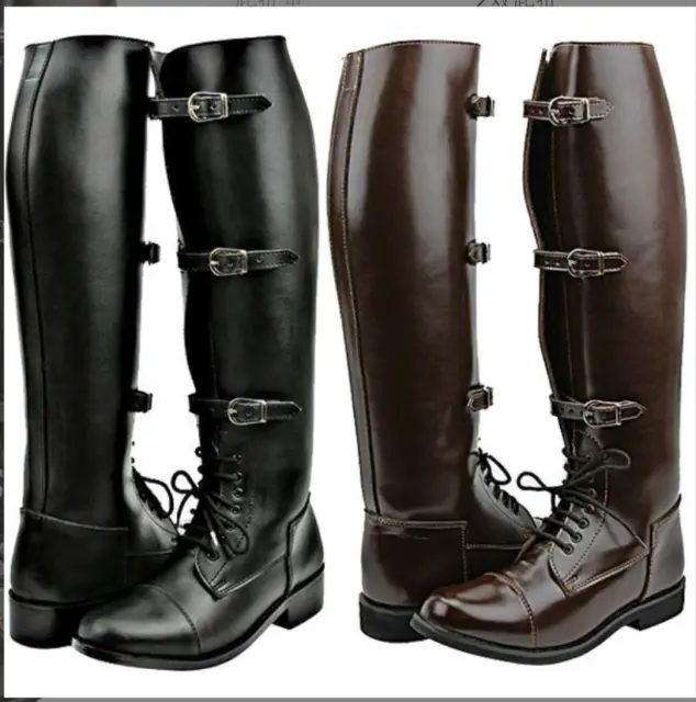 MEN ROUND TOE Thigh High Faux Leather Riding Boots Lace Up Buckle Flat ...