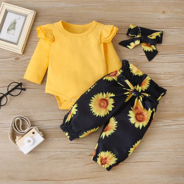 3PCS Newborn Infant Baby Girl Floral Clothes Jumpsuit Romper Bodysuit Outfit Set