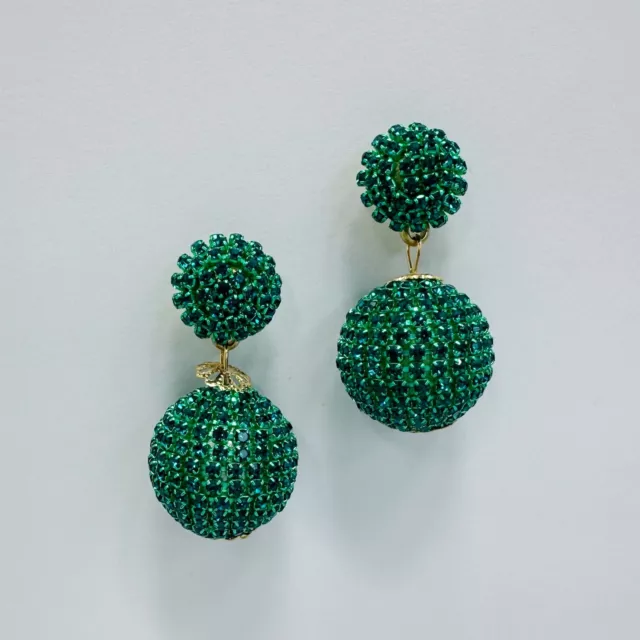 Green Color Rhinestones Deco Disco Ball Sphere Shape Drop Dangle Post Earrings