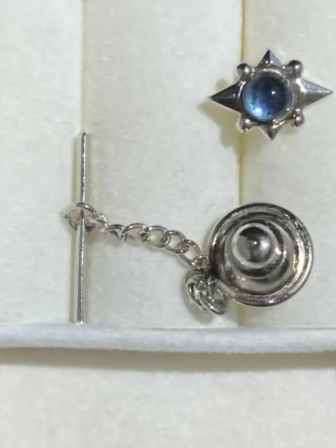 Vintage Ocean Blue Stone Silver tone Tie Tack Tac Stay Chain