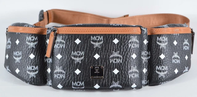 New MCM $695 Black Coated Canvas Visetos Large 3 Pocket Sling Crossbody Bag