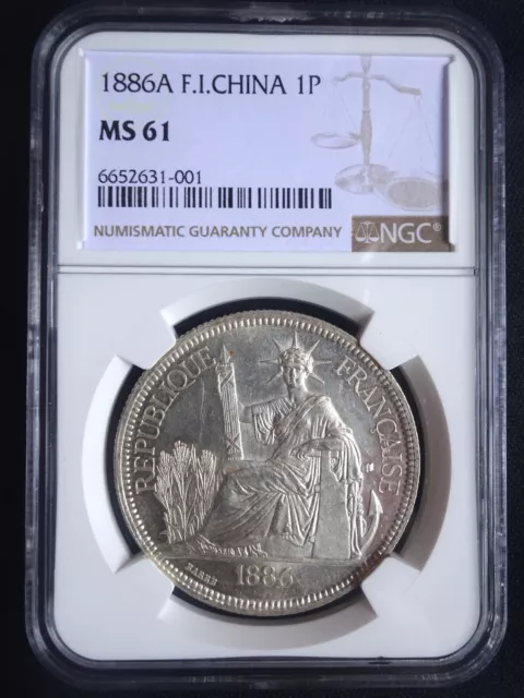 French Indo-China Silver Piastre 1886 NGC MS61