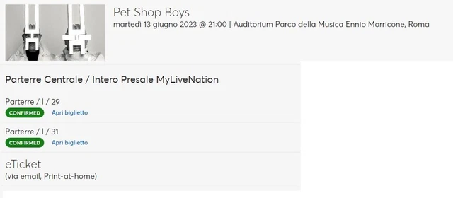 Pet Shop Boys Roma 13 giugno 2023 - VENDO 2 BIGLIETTI PARTERRE CENTRALE