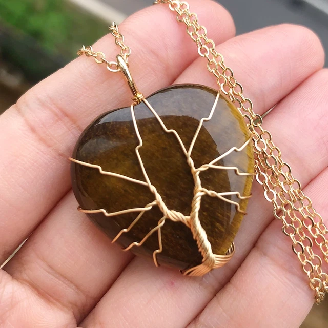Tiger Eye Gem Tree Of Life Necklace Chakra Reiki Healing Amulet