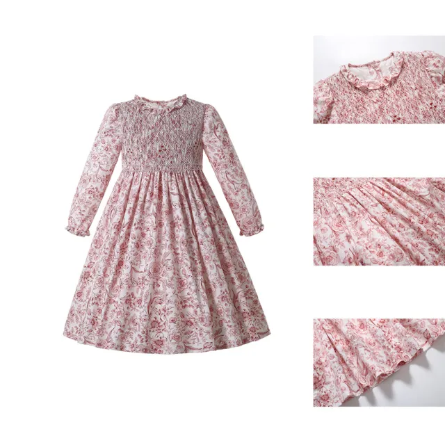 Girls Smocked Dress Floral Formal Party Dresses Long Sleeve 2-12 Years Pink