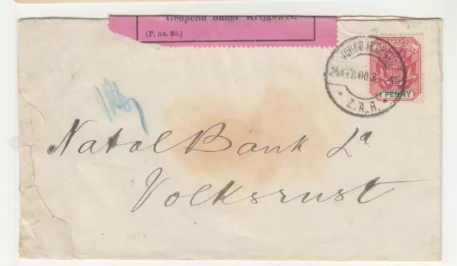 TRANSVAAL,1900 Censored cover, 1d Johannesburg to Volkrust, Pink label