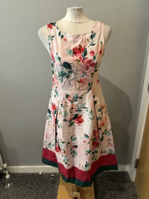 Ladies Cath Kidston Paintbox Pink Green Floral Midi Fit Flare Dress Size 10