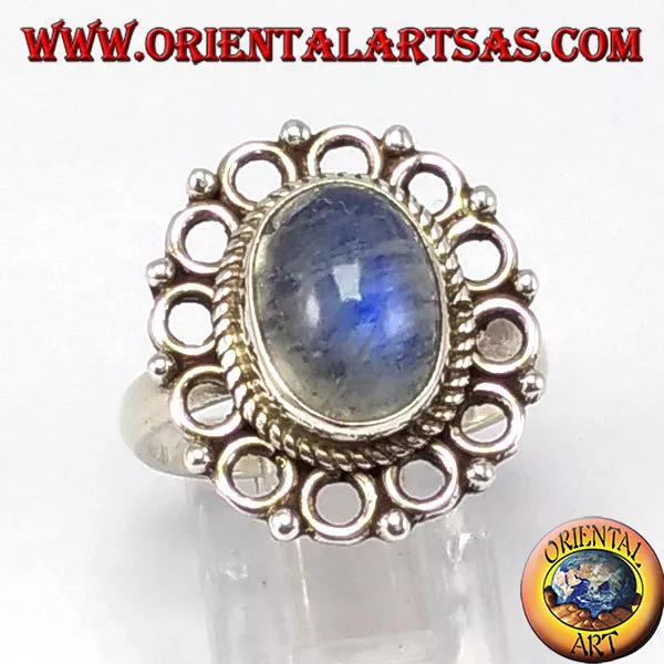 Anillo D' Plata 925 Con Piedra de Luna Arco Iris Ovalados Y Tablero Cerchietti