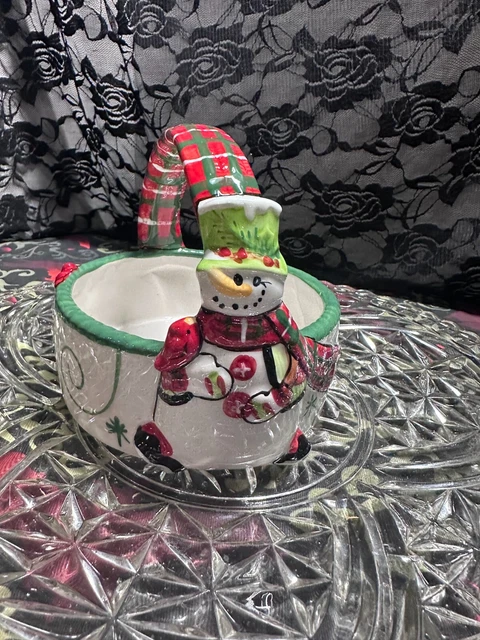 2013 Fitz and Floyd Holly Hat Snowman Basket Candy Nut Dish Christmas