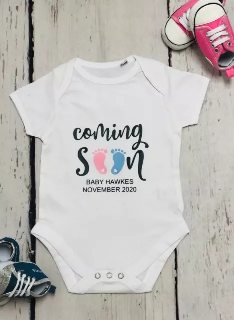 Baby Coming Soon With Name Baby Shower Gift Funny Baby Announcement Bodysuit