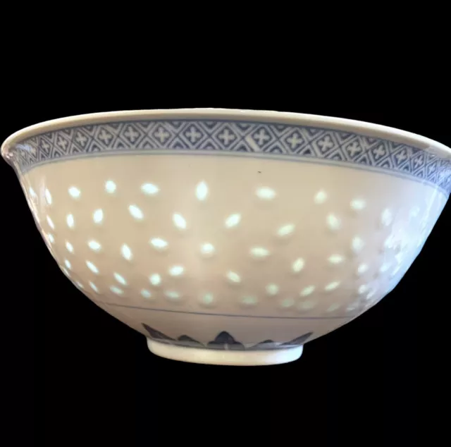 BLUE WHITE ￼Lotus Chrysanthemum RICE EYE Chinese 10” BOWL Signed by Artist