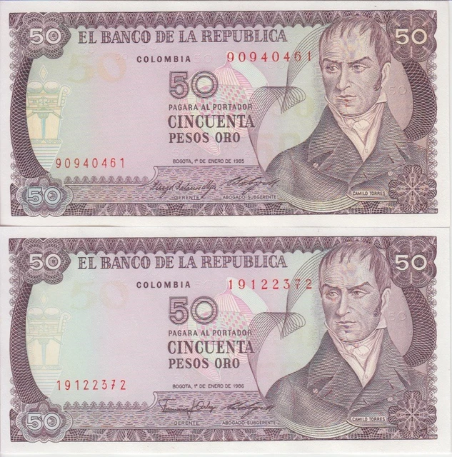 Colombia Banknote P425a & 425b 50 Pesos 1985 & 1986, "The Pair", UNC 2001