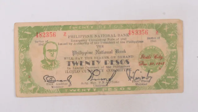 CrazieM World 1942 Philippines 20 Pesos Local Bank Note Province Of Iloilo m88