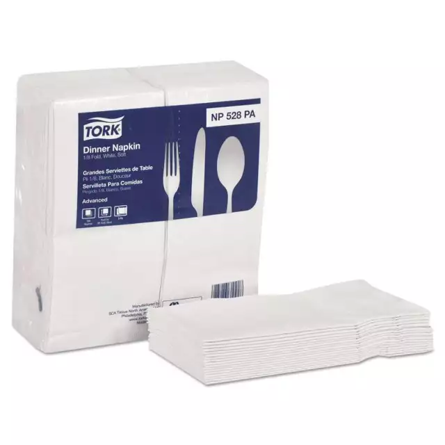 Tork Advanced Soft Dinner Napkins, 2-Ply, 15x17, 1/8 Fold, Poly-Pack, White, 200