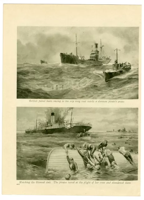 1916 WW1 Print SINKING OF SS DIOMED Rescue Men Water GERMAN U-BOAT (462 )