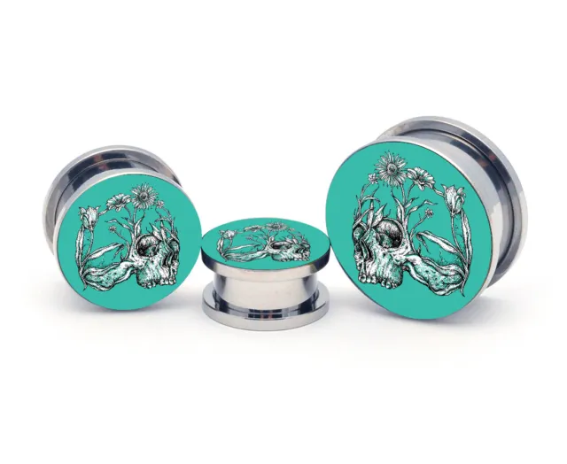 Pair of Steel Screw On Flower Skull Picture Plugs (PIC-103) gauges tunnels