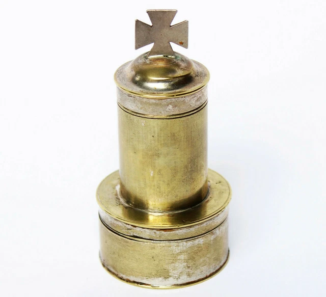 Salbgefäß Chrismarium Chrismatorium mit 2 Kammern Messing Restversilberung
