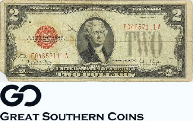 1928 G Series $2 Two Dollars Bill Bank Note, United States Red Seal ** Free S/H!
