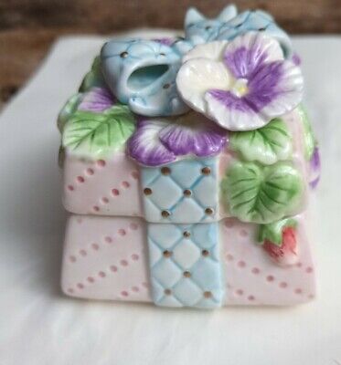 Fitz And Floyd Ceramic Strawberry Trinket Box with Blue Ribbon and Flower Design