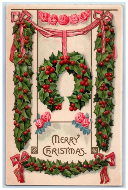 c1910's Merry Christmas Holly Berries Ribbon Flowers Embossed Antique Postcard