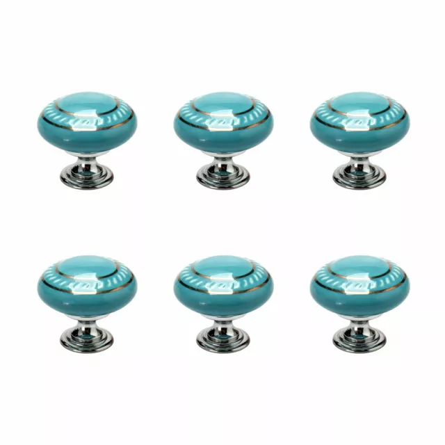 Céramique Vintage Bouton Tiroir Poignée Placard Commode 6pc Cercle Or Bleu
