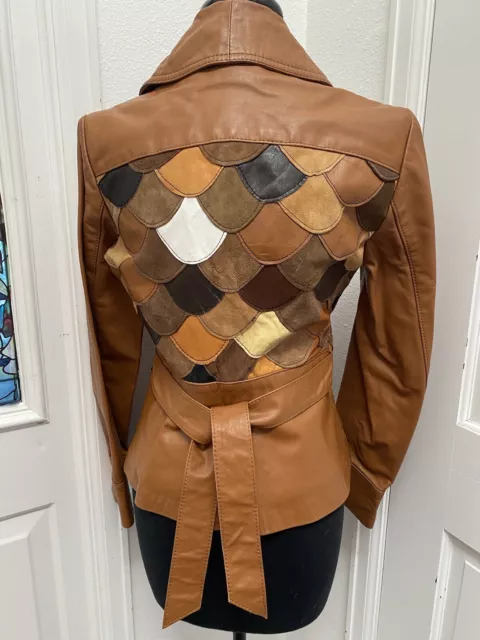 Rare Vintage 1970’s Korean Leather Scalloped Shell Pattern Patchwork Jacket