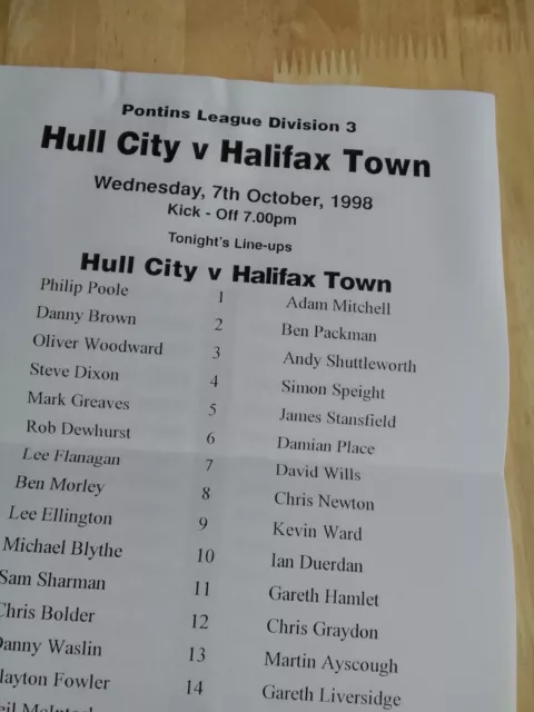 1998/99 Hull City V Halifax Town Reserves - Pontins League