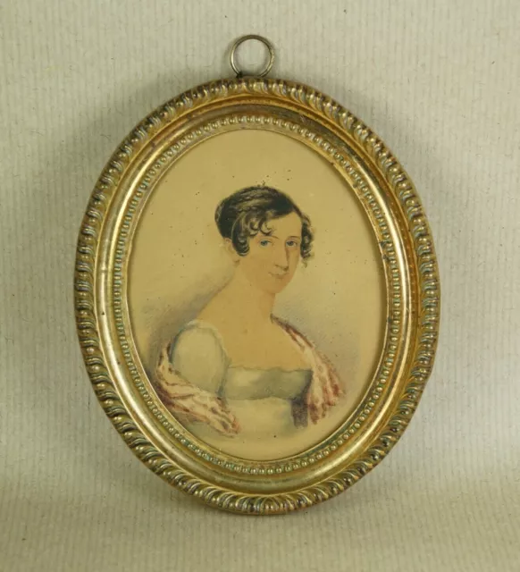 19th Century Portrait Miniature Regency Lady Georgian Watercolour Brass Frame