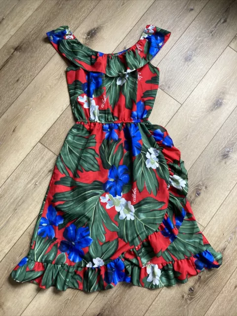 Vintage Royal Creations Made in Hawaii Red Green Floral Aloha Ruffle Dress Sz S