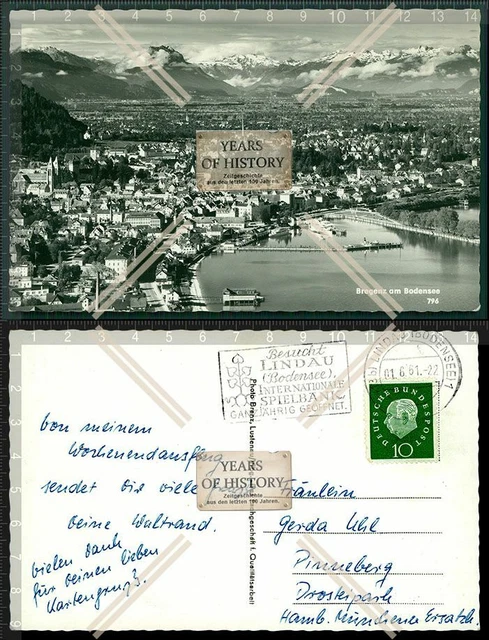 Orig. Foto AK Bregenz Vorarlberg am Bodensee Luftbild Panorama mit Alpen Blick