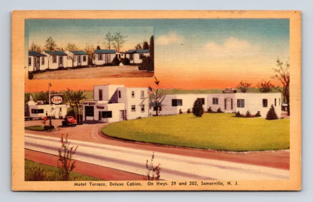 Motel Terrace Deluxe Cabins Esso Gas Station Somerville New Jersey NJ Postcard