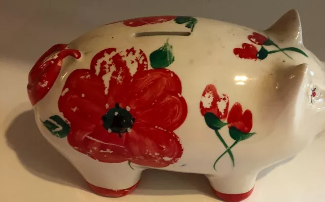 Ceramic Pig Floral Piggy Bank 8.5" Vintage Hand Painted