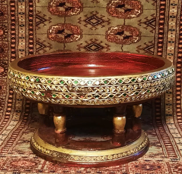 BURMESE ALTAR TABLE vtg thai temple buddha bowl sculpture gold gilt wood lacquer 9
