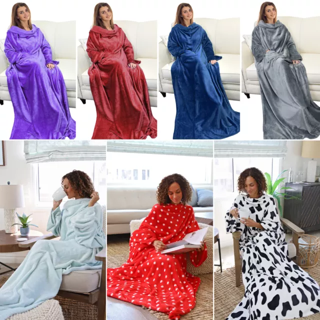 Fleece  Blanket with Sleeves and Front Pocket Robe Wearable TV Blanket