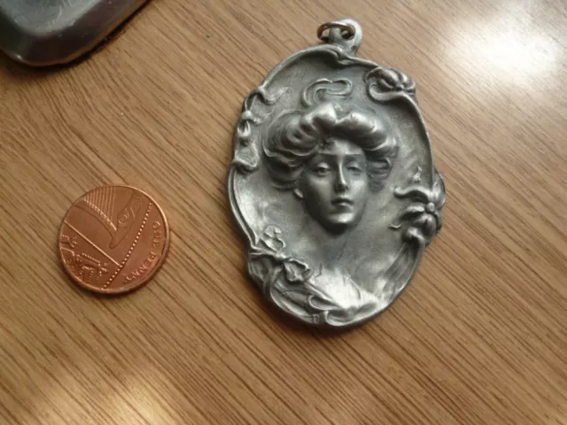 Beautiful Vintage Pewter Art Nouveau Lady Pendant Signed Goldn' Things