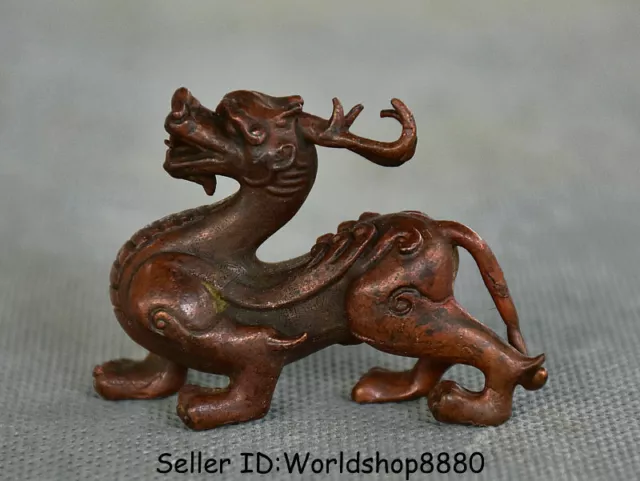 2.4" Old Chinese Red Copper Feng Shui Animal Pixiu Dragon Beast Lucky Statue