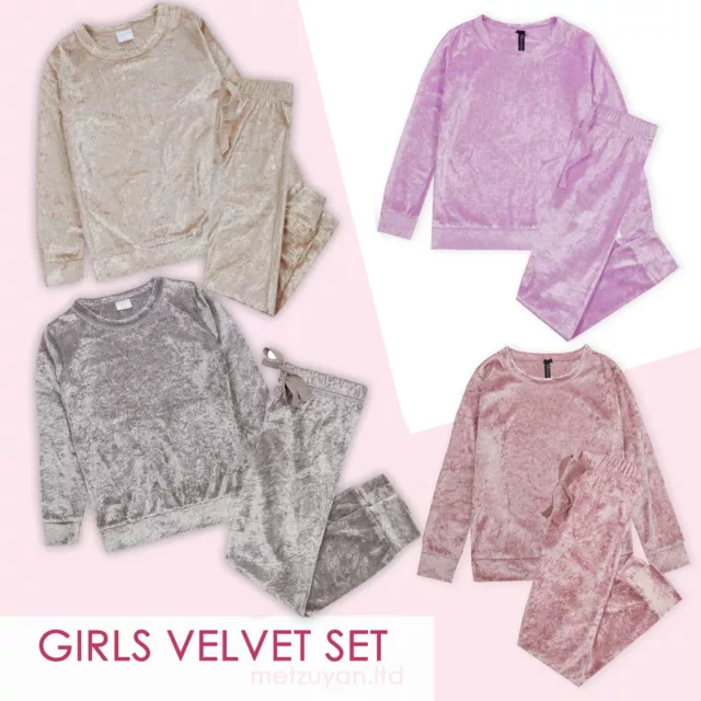 Kids Girls Velour Set Crushed Velvet Outfit Tracksuit Size 7-8 9-10 11-12 13 UK