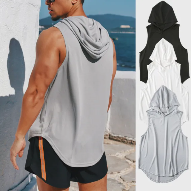 Men Vest Hooded Tank Top Workout Hoodie Muscle Tee Casual T-Shirt Sleeveless Gym