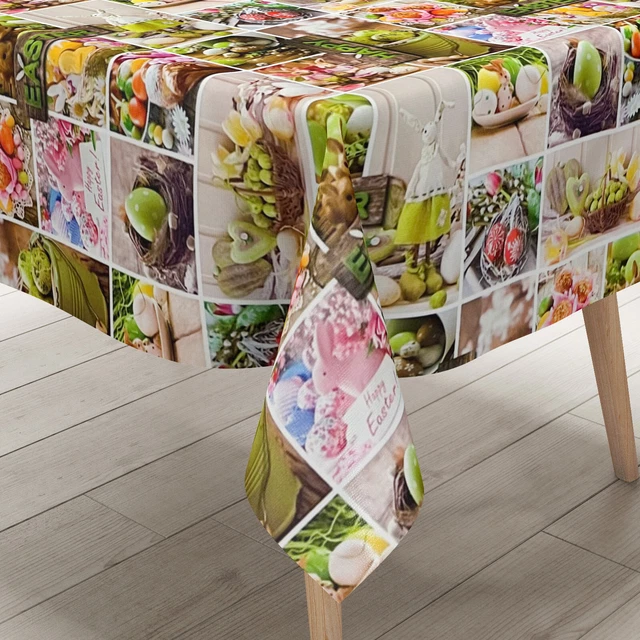 Nappe De Table En Toile Cirée C146262 Ferme Coq Poules Pâques Gris Carré Rond Oval - Bariolé