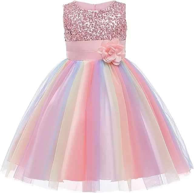 Pink Girl Flower Sequin Sleeveless Dress Rainbow Mesh Princess Wedding Tutu Cute