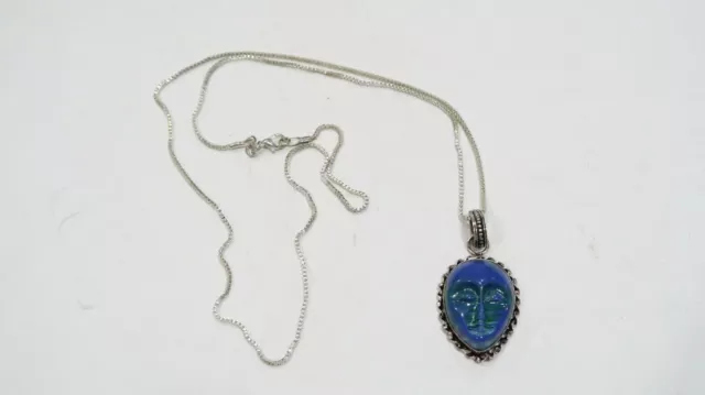 Sterling azurite malachite carved face pendant on sterling chain Artisan