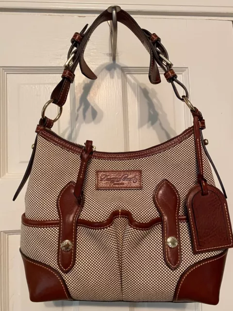 DOONEY and BOURKE Small Lucy Ivory and BrownBirdseye Canvas/Leather Shoulder Bag