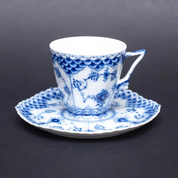 Royal Copenhagen Blue Fluted Full Lace Coffee Cup Saucer Face