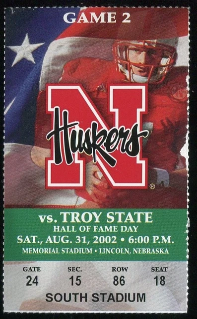 Ticket College Football NCAA Nebraska Cornhuskers 2002 Troy State 8/31