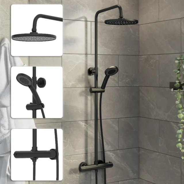 Bathroom Mixer Shower Thermostatic Dual Head Round Rainfall Handset Matte Black