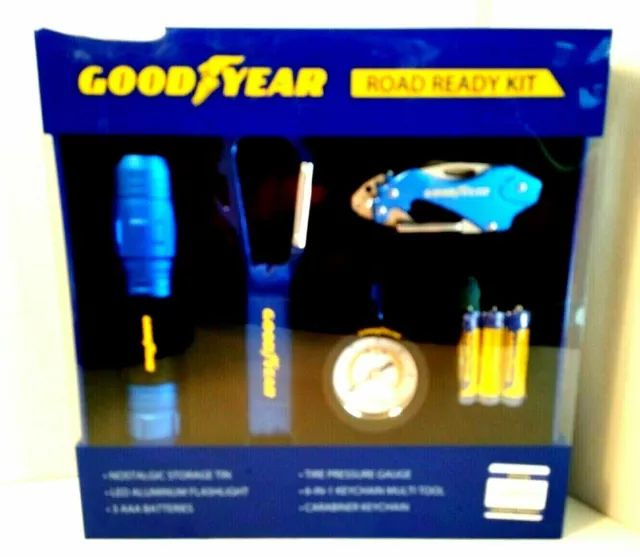 Goodyear Road Ready Kit Flashlight Batteries Tire Gauge Mjulti Tool Carabiner