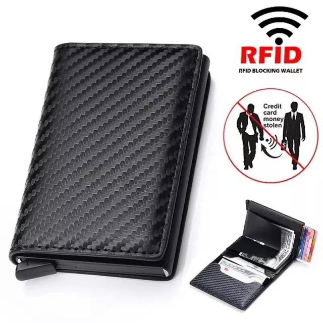 RFID Blocking Leather Carbon Fiber Mens Wallet  Purse Slim ID Credit Card Holder