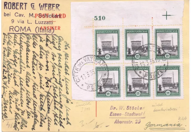 Vaticano - 1935 Storia Postale Cartolina Per Germania Affrancata In Tariffa