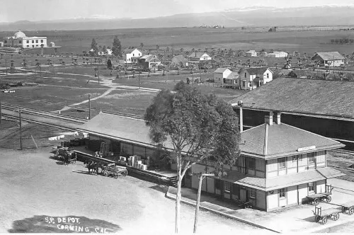 Aerial View Railroad Train Station Depot Corning California CA Reprint Postcard