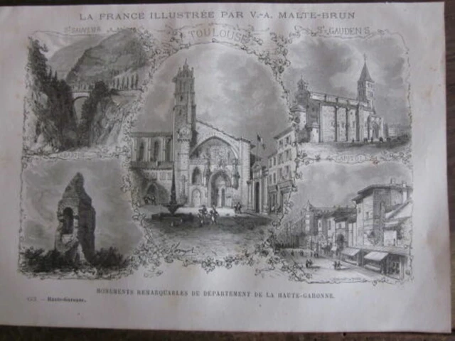 GRAVURE SUR BOIS 19 ème MALTE BRUN VUE DU DEPAREMENT DE LA HAUTE GARONNE